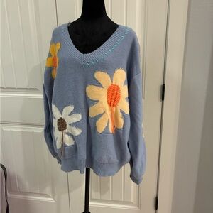 POL Blue Sweater with Floral Design